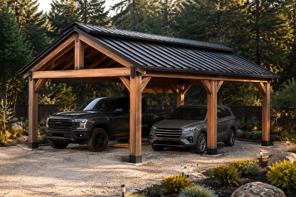 Representative illustration of an open two-car DIY cedar-frame carport with a dark steel roof
