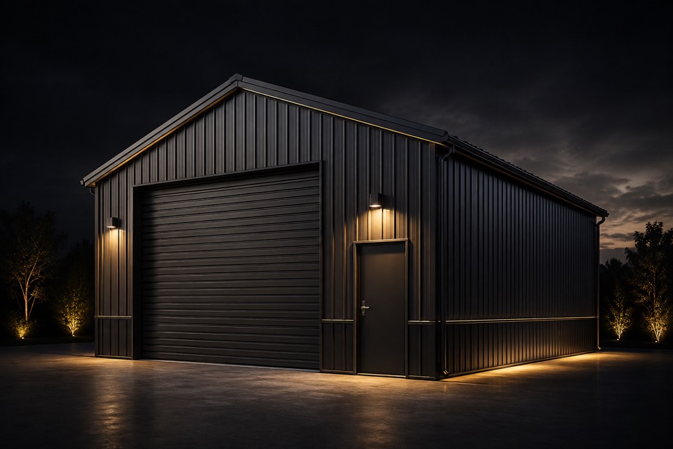 Representative illustration of an enclosed metal garage building