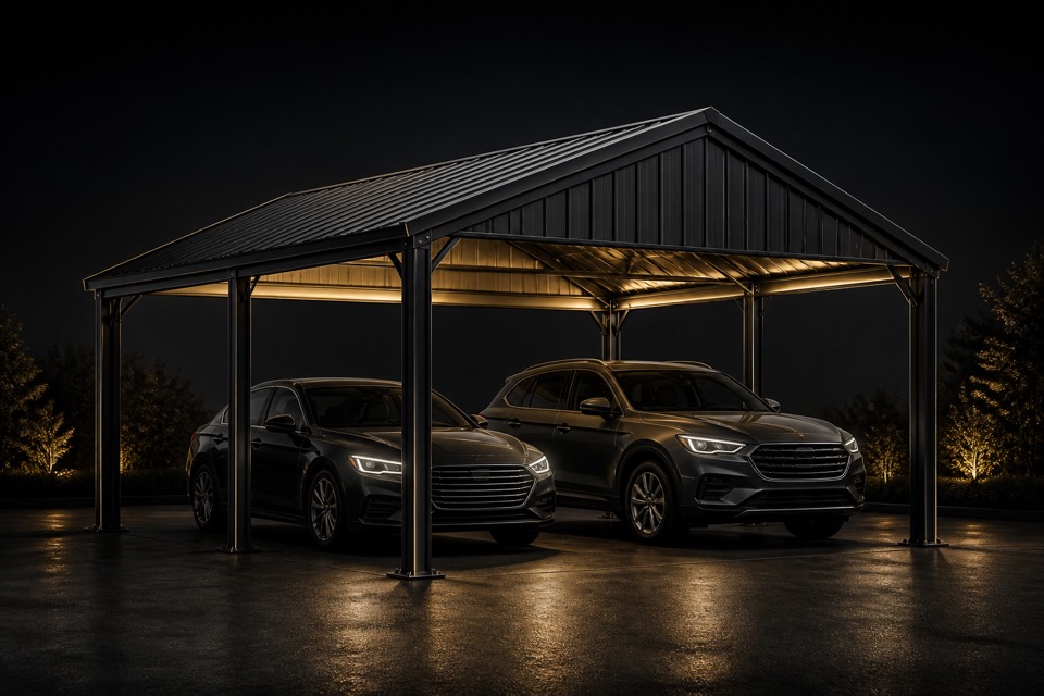 Representative illustration of an open two-car metal carport
