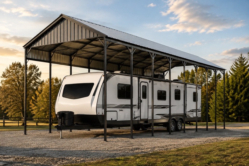 Representative illustration of a tall 14-by-35-foot DIY metal RV carport with a camper underneath