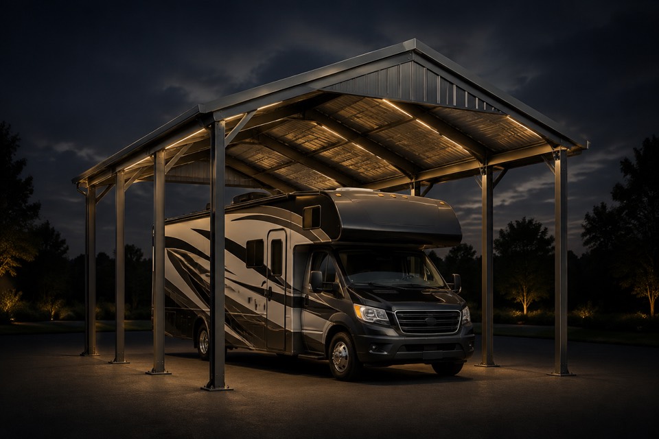 Representative illustration of a tall metal RV cover with a camper underneath