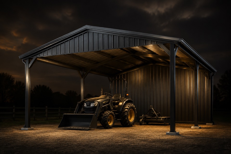 Representative illustration of a metal equipment shelter with a tractor underneath