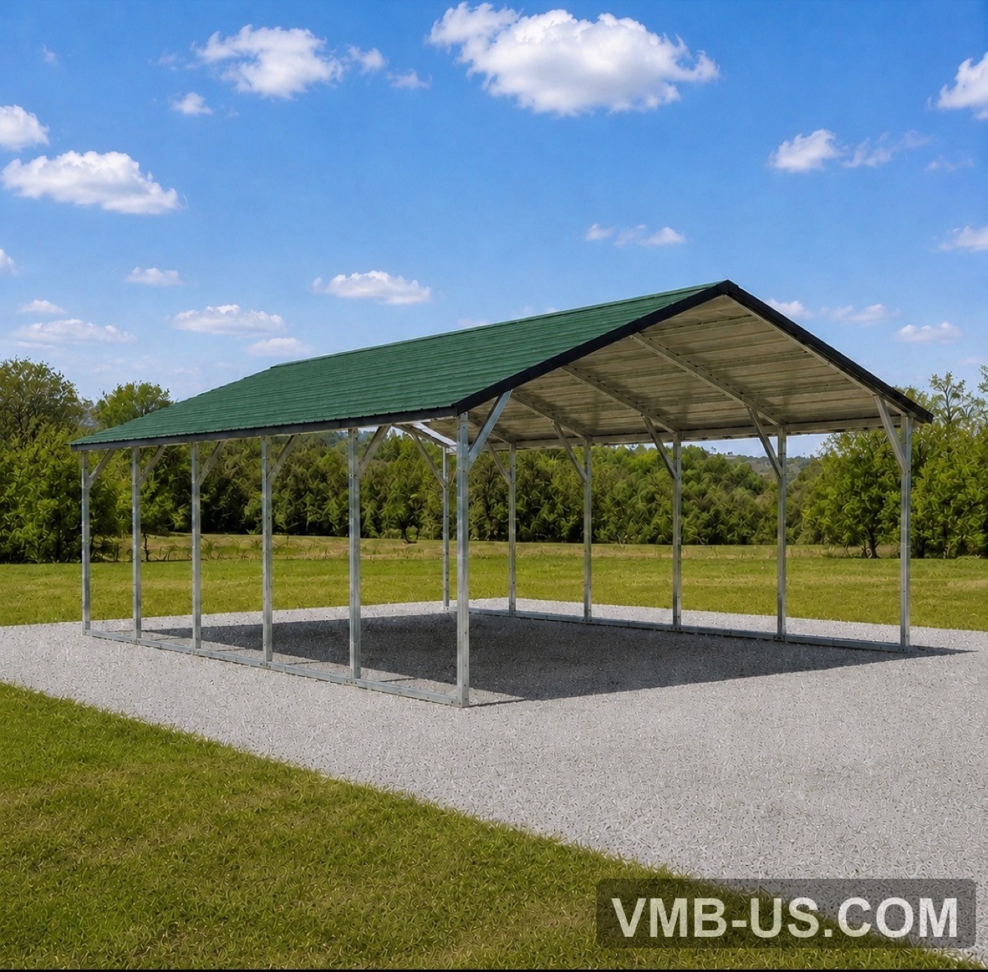 Open metal carport with a green roof