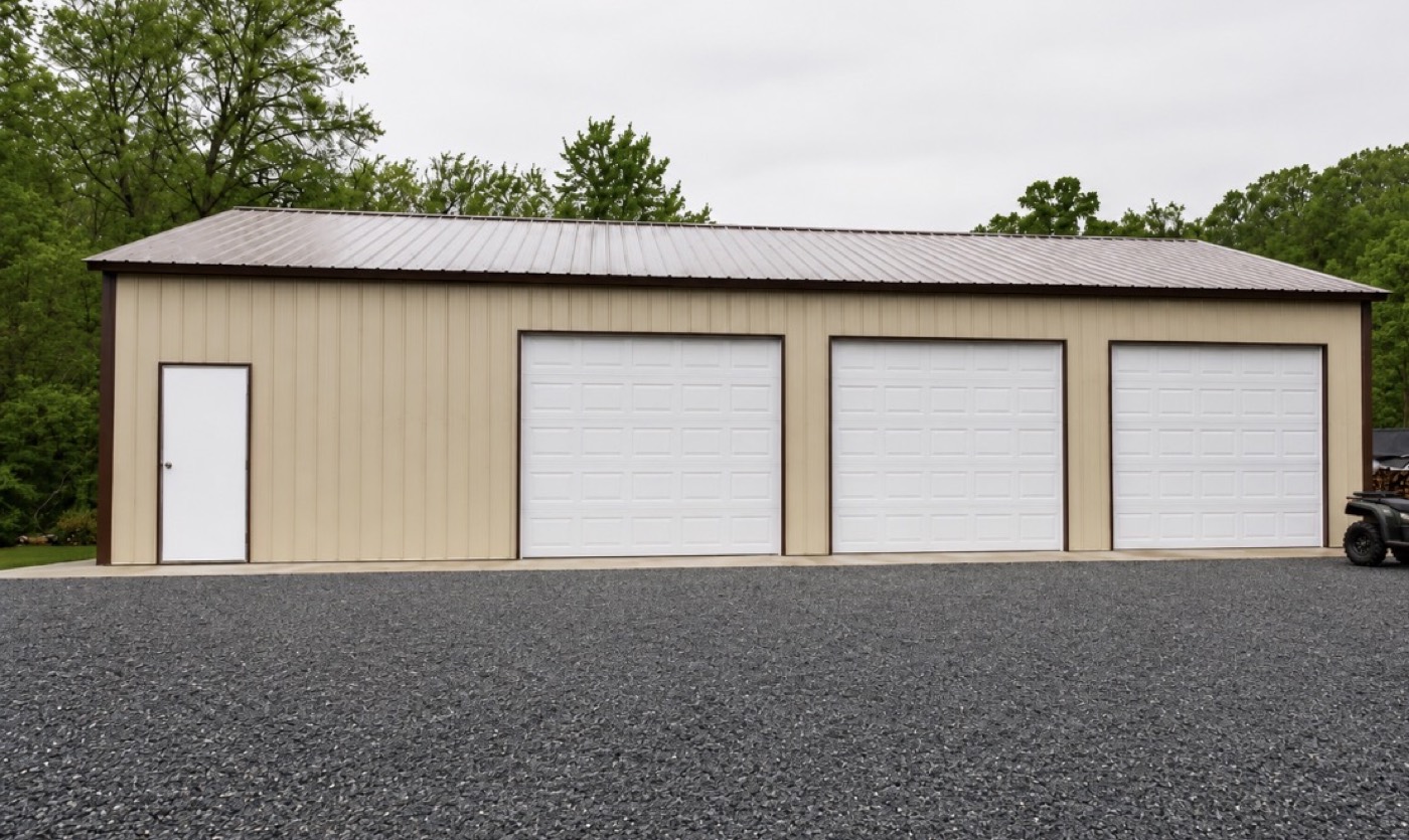 Tan commercial metal building with three white garage doors