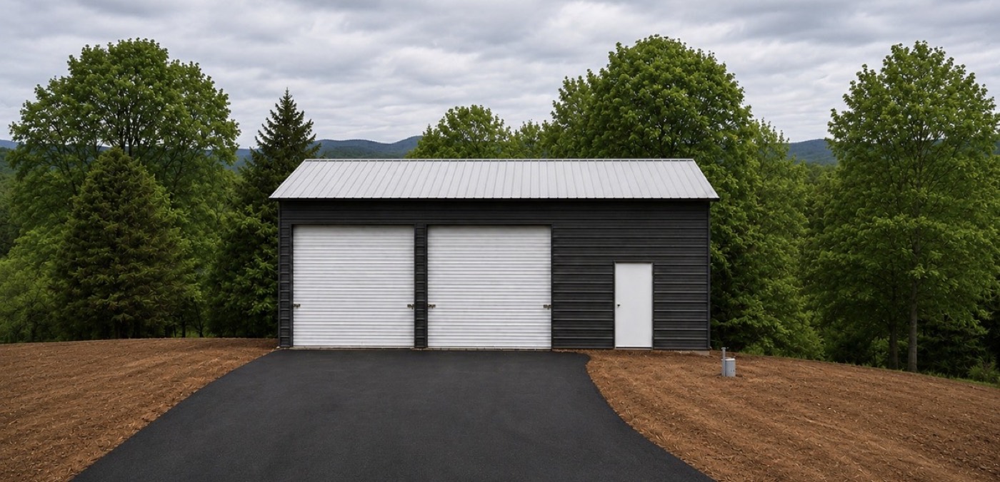 Black enclosed metal garage with two white garage doors