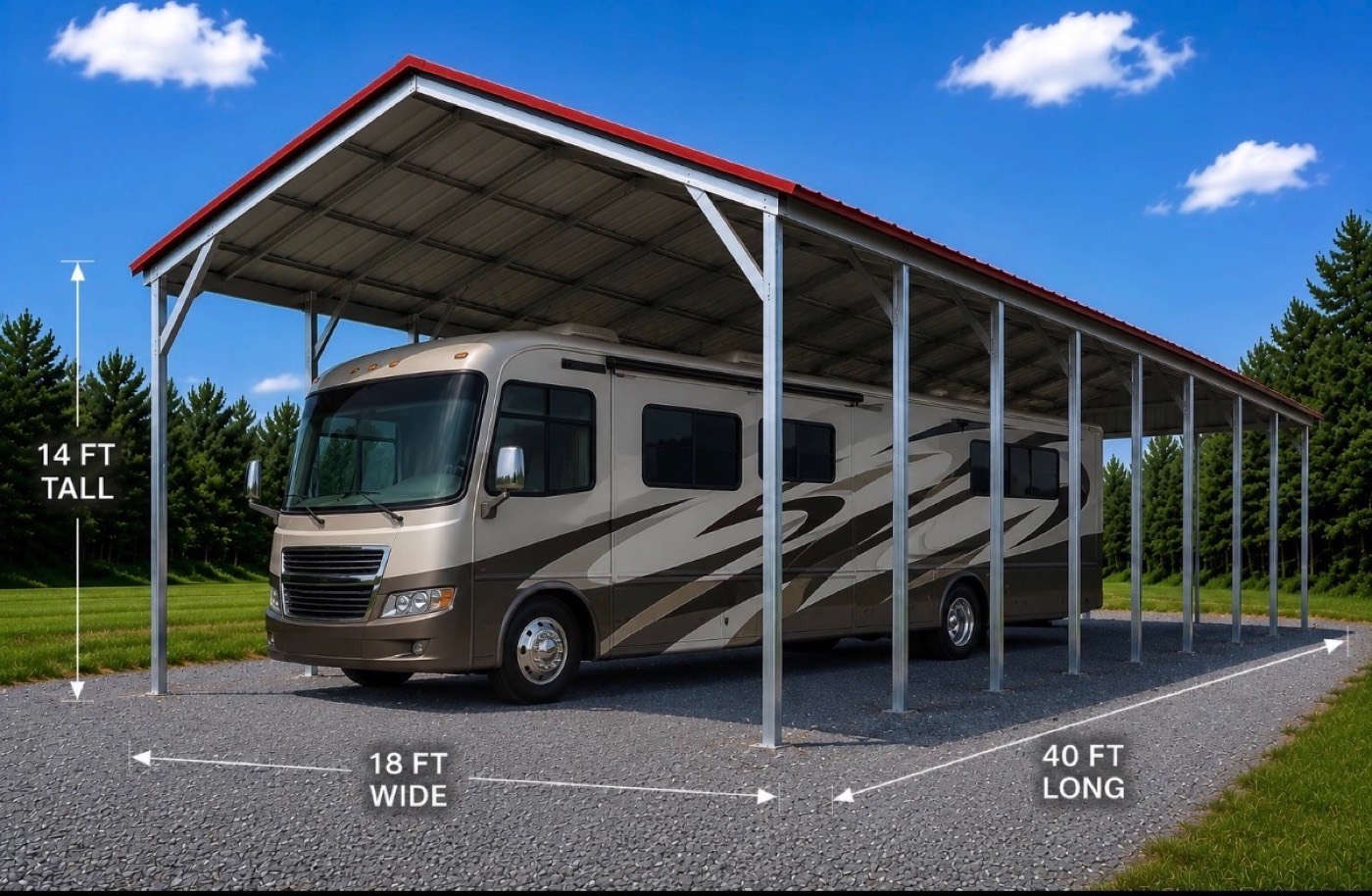 Tall metal RV cover sheltering a motorhome