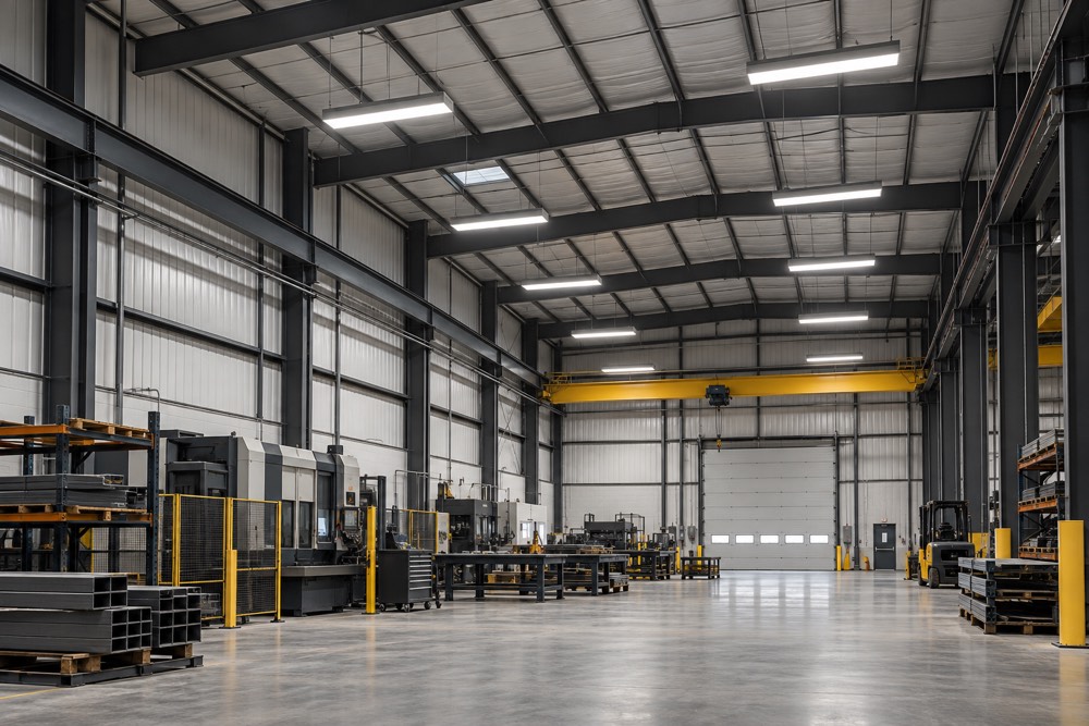 Representative tall metal-building interior illuminated by rectangular linear LED high-bay fixtures