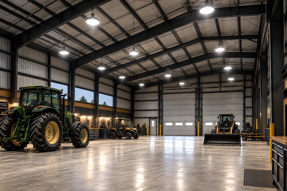Representative tall metal-building interior illuminated by round LED high-bay fixtures