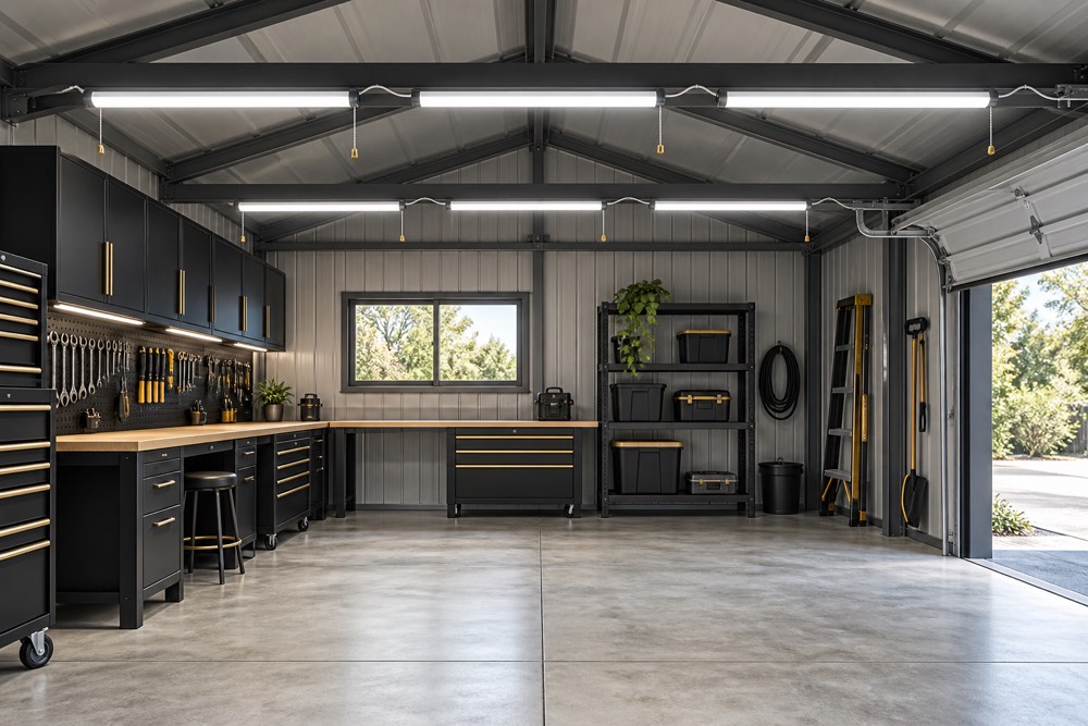 Representative garage illuminated by plug-in linkable LED shop-light fixtures