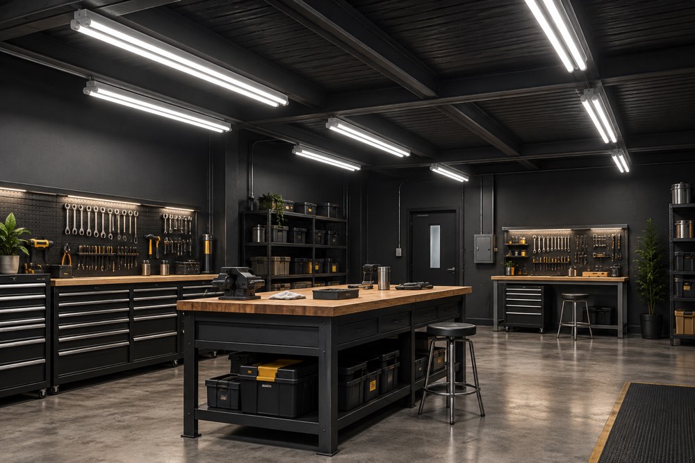 Representative workshop illuminated by paired T8-style linear LED fixtures