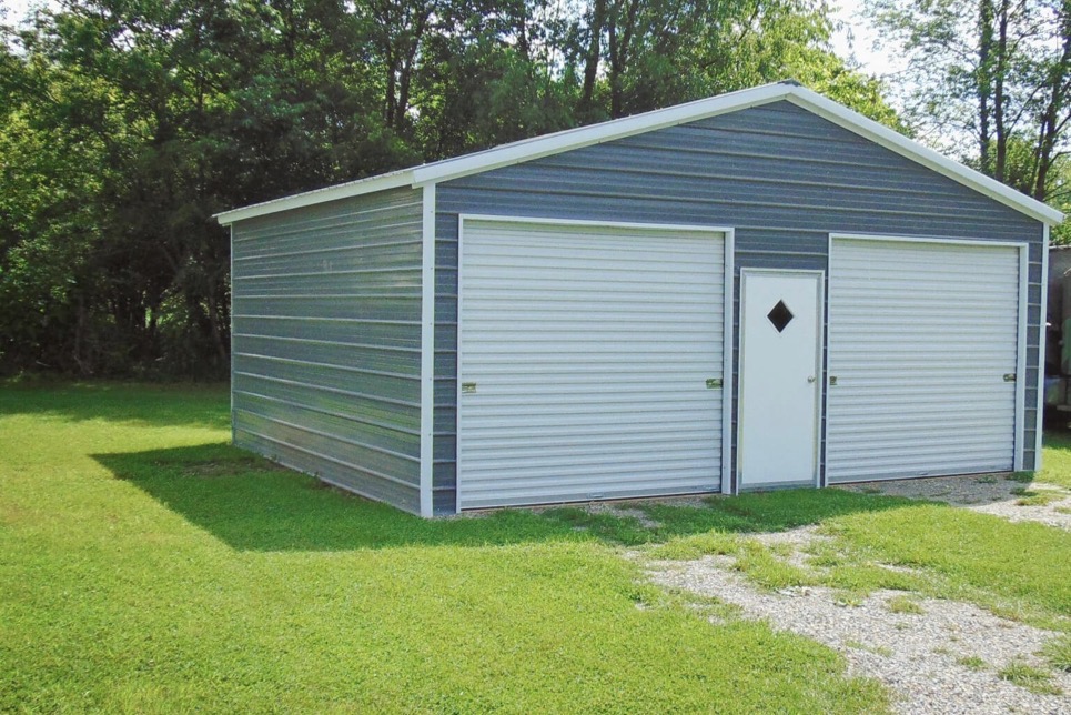 Blue enclosed metal garage