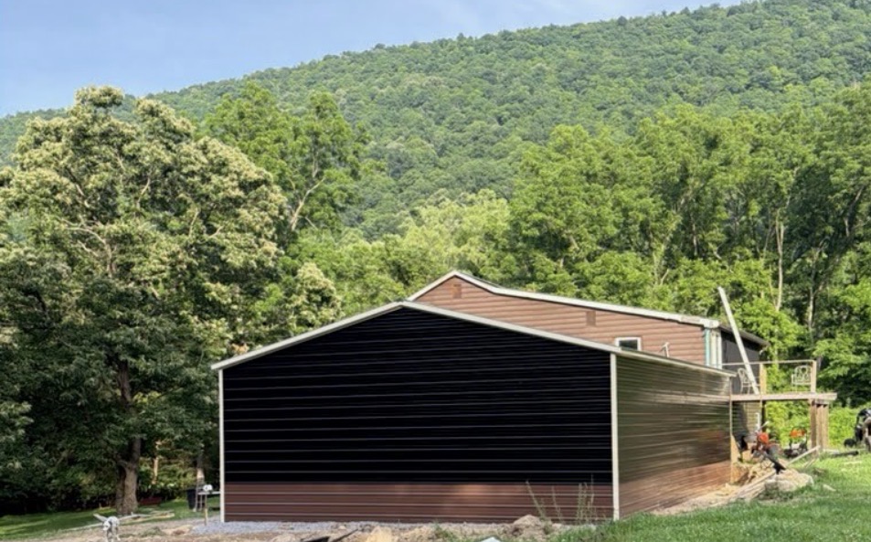 Black and brown metal building with contrasting trim
