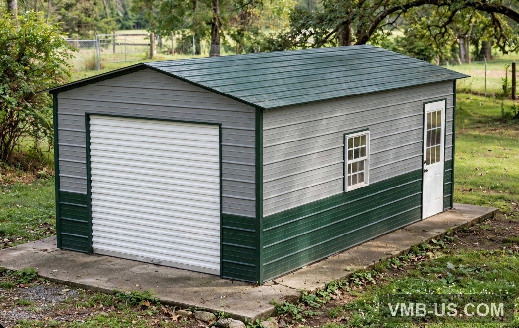 Gray metal garage with green trim, roll-up door, window, and entry door