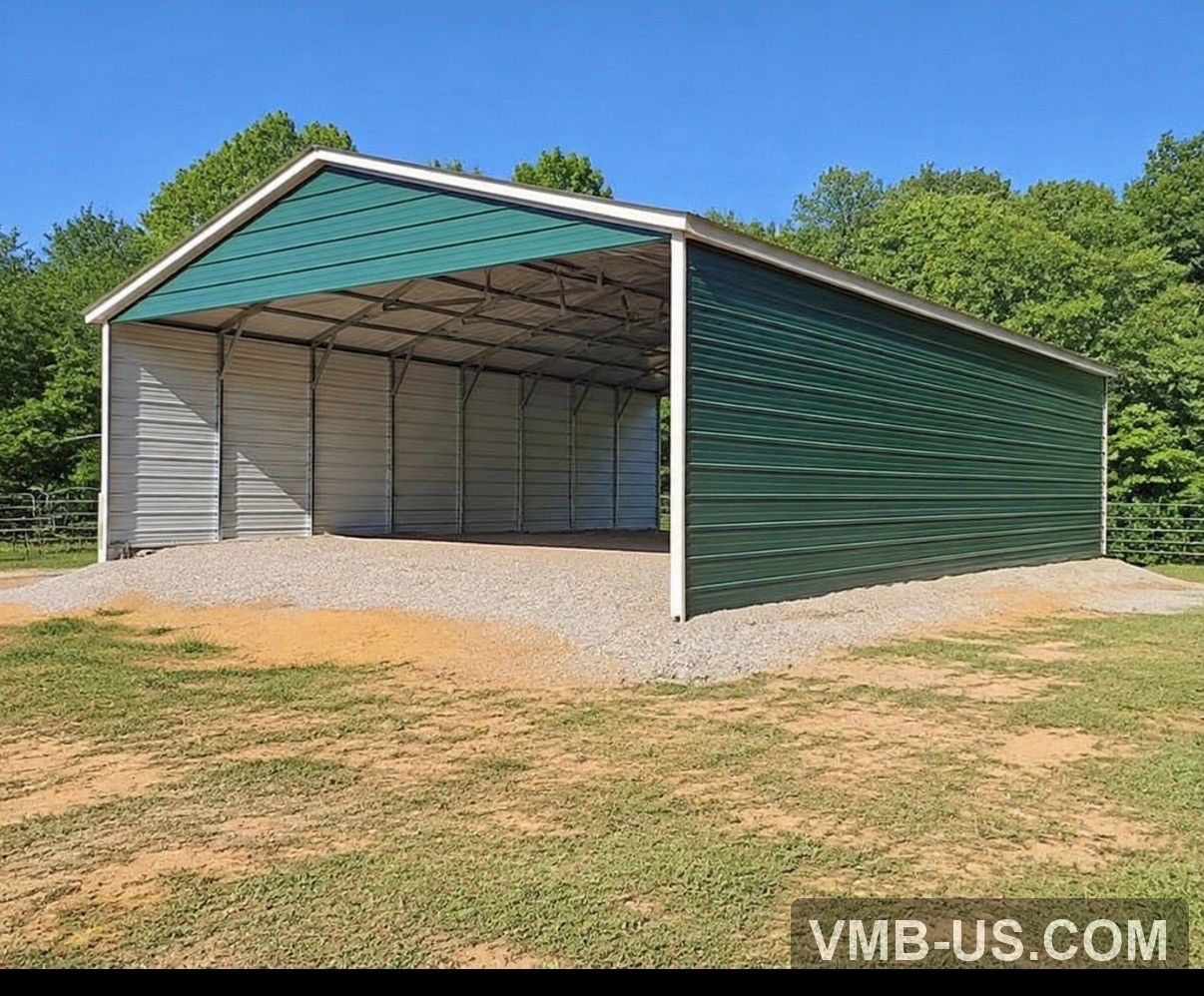 Teal and silver open-end metal building