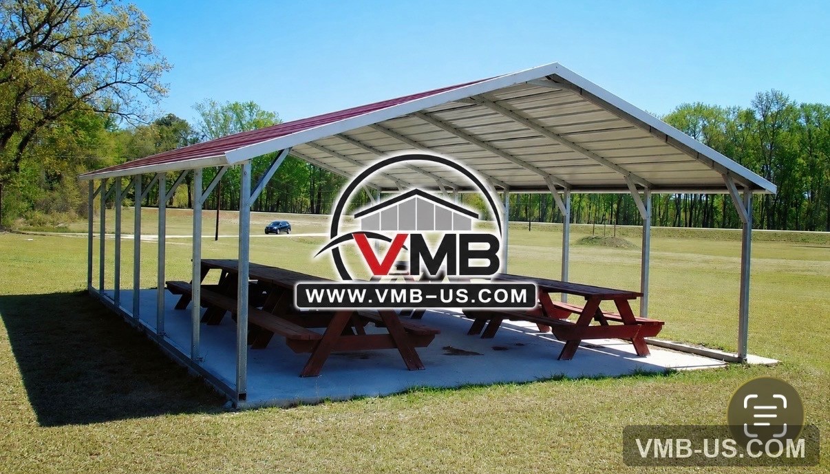 Covered metal picnic shelter with picnic tables