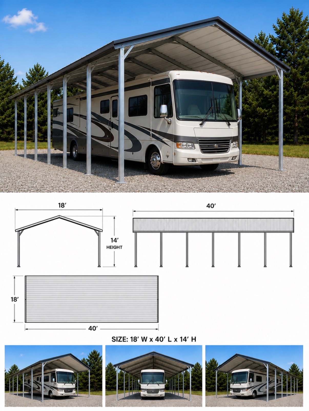 18 foot by 40 foot RV cover with 14 foot height and specification diagram